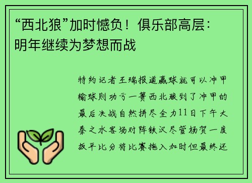 “西北狼”加时憾负！俱乐部高层：明年继续为梦想而战