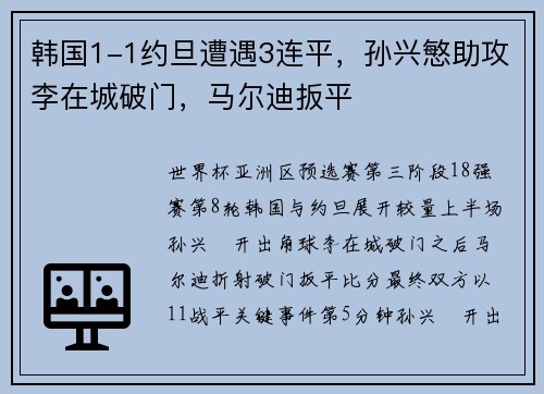 韩国1-1约旦遭遇3连平，孙兴慜助攻李在城破门，马尔迪扳平