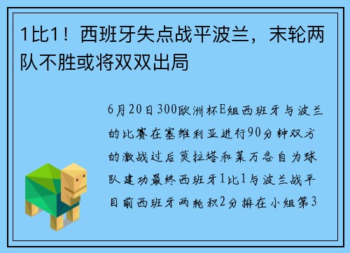 1比1！西班牙失点战平波兰，末轮两队不胜或将双双出局