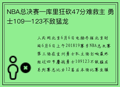 NBA总决赛—库里狂砍47分难救主 勇士109—123不敌猛龙